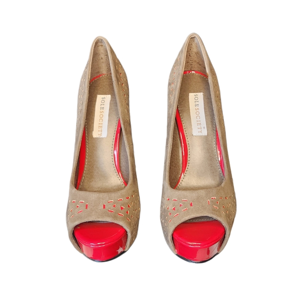 Sole Society “Kaitlyn” Peep Toe Platform Heels – Taupe & Red– Size 7.5M